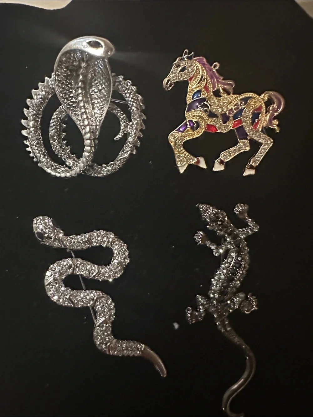 Set of 4 Animal Brooches - Cobra, Horse, Snake, Lizard